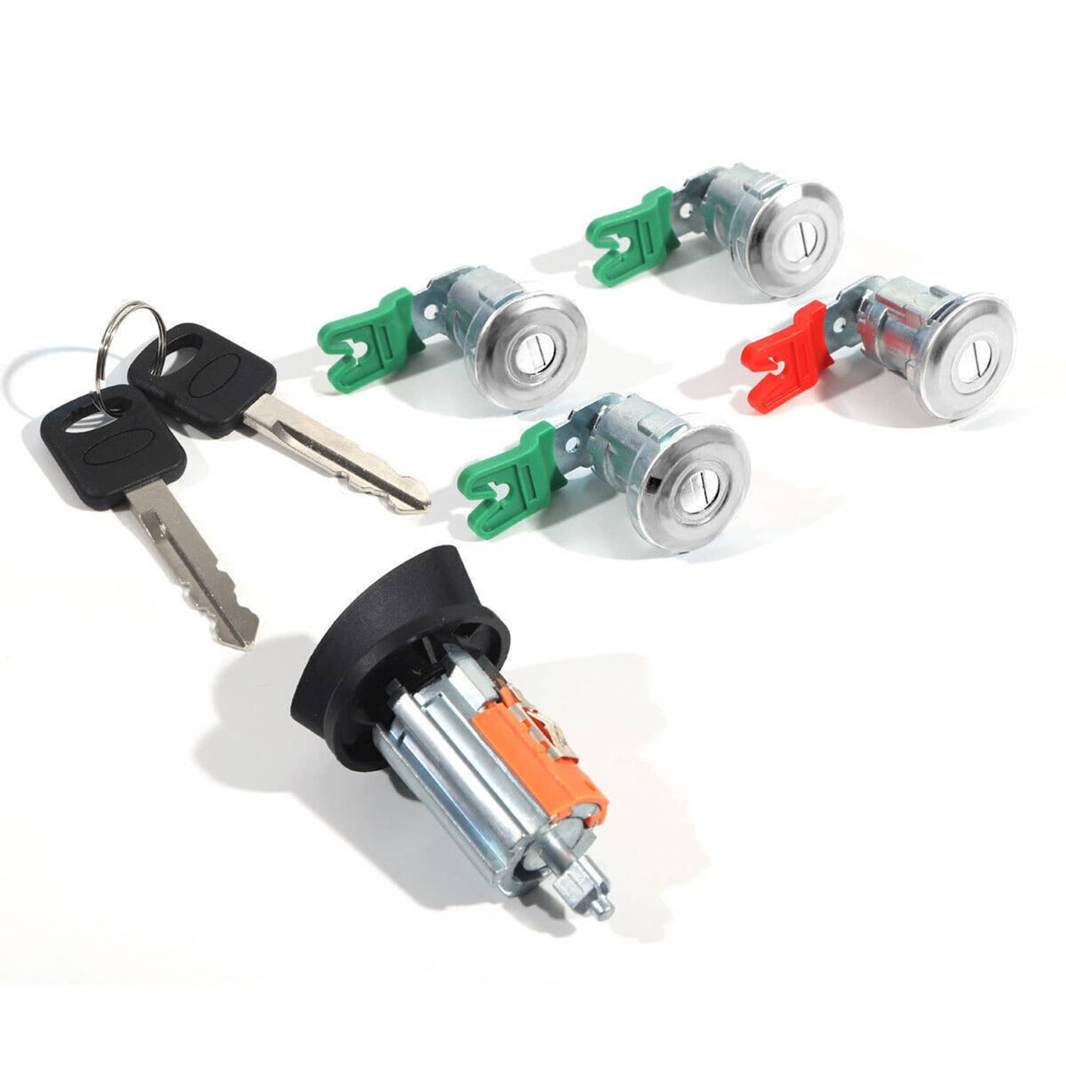Ignition and door lock cylinder set with matching keys and four lock cylinders