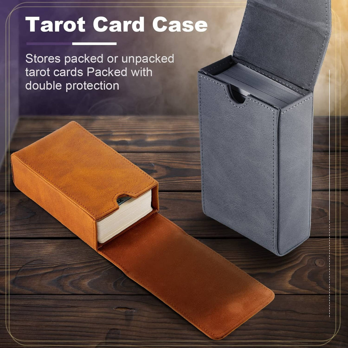 Gray tarot card case with open flap, storing cards with double protection