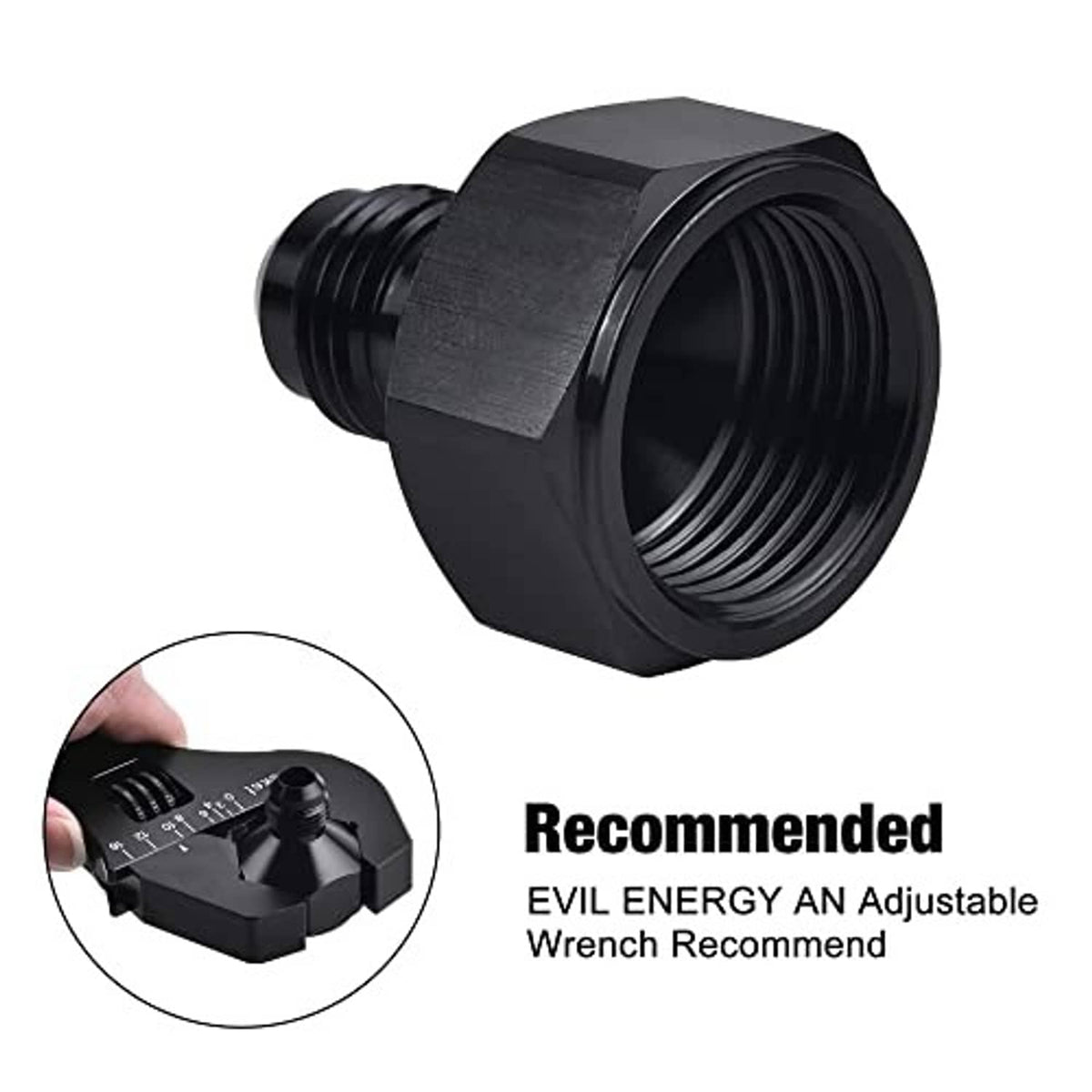 Black AN flare reducer adapter with flared end and fine threaded connection