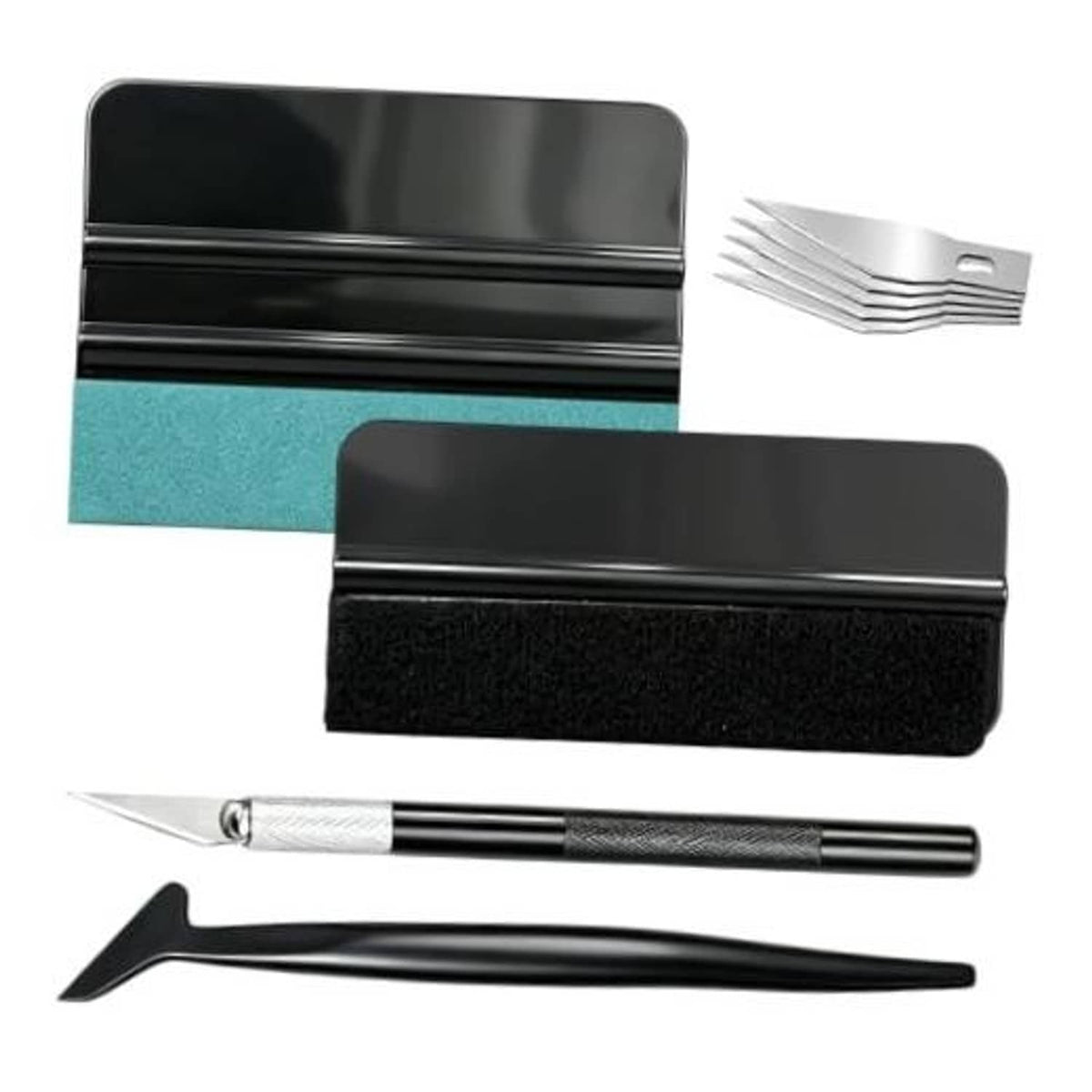 Car window tint installation kit with dark tint strips, metal squeegee, and cutting tool