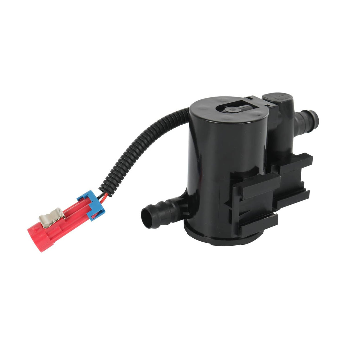 Vapor canister vent solenoid with black housing, hose ports, and blue/red connector pigtail