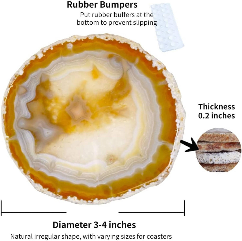 Agate geode coaster with rubber bumper detail, thick stone slice in warm amber tones