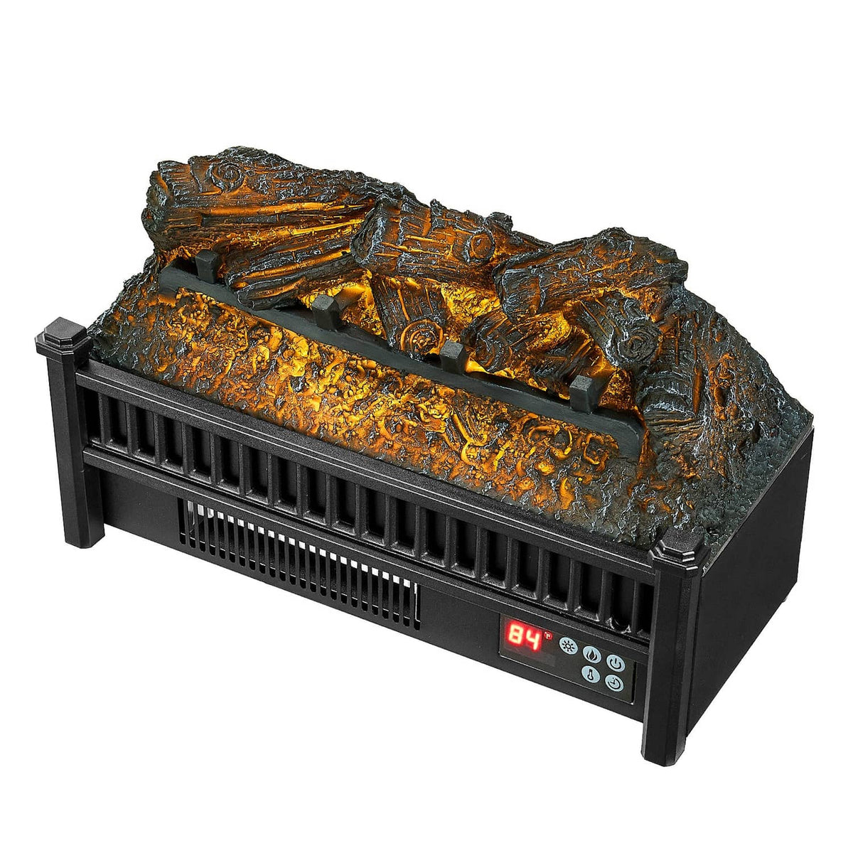 Electric fireplace log heater with faux logs and glowing ember bed, front grille and controls
