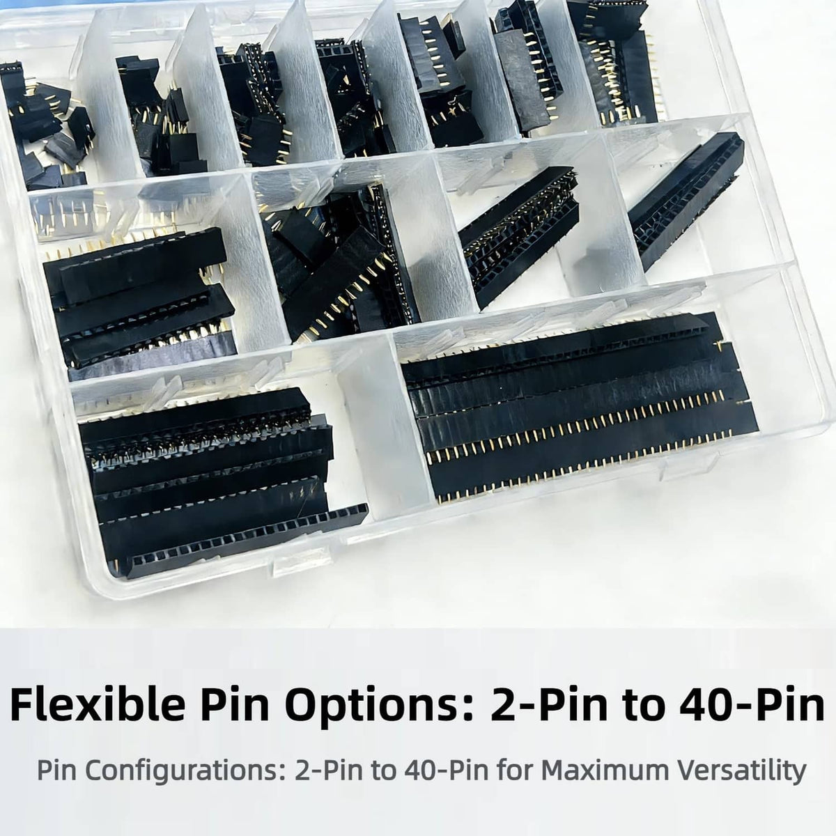 Single-row female pin headers in compartments, black plastic with gold pins