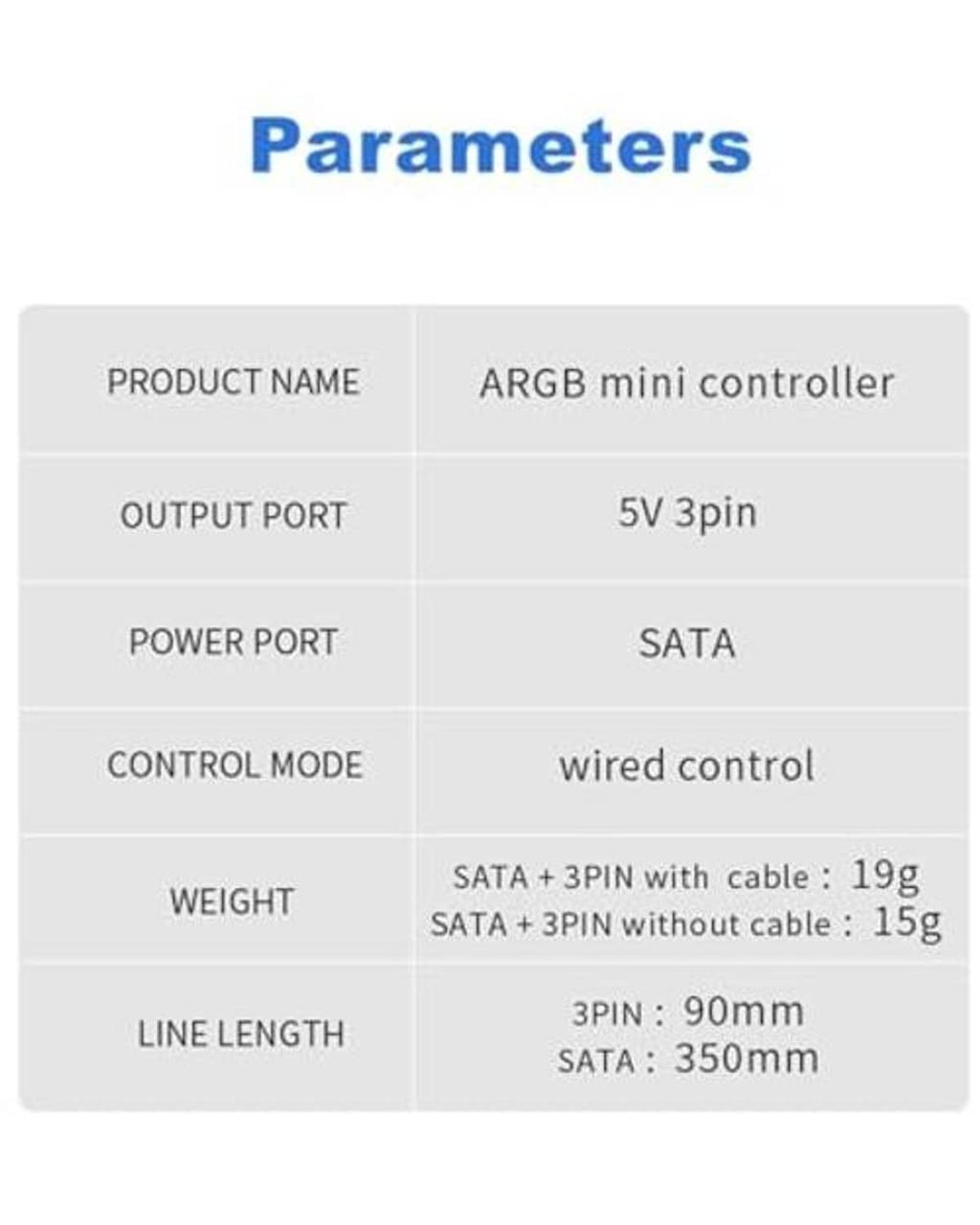 Specification table for ARGB mini controller: 5V pin output and SATA power