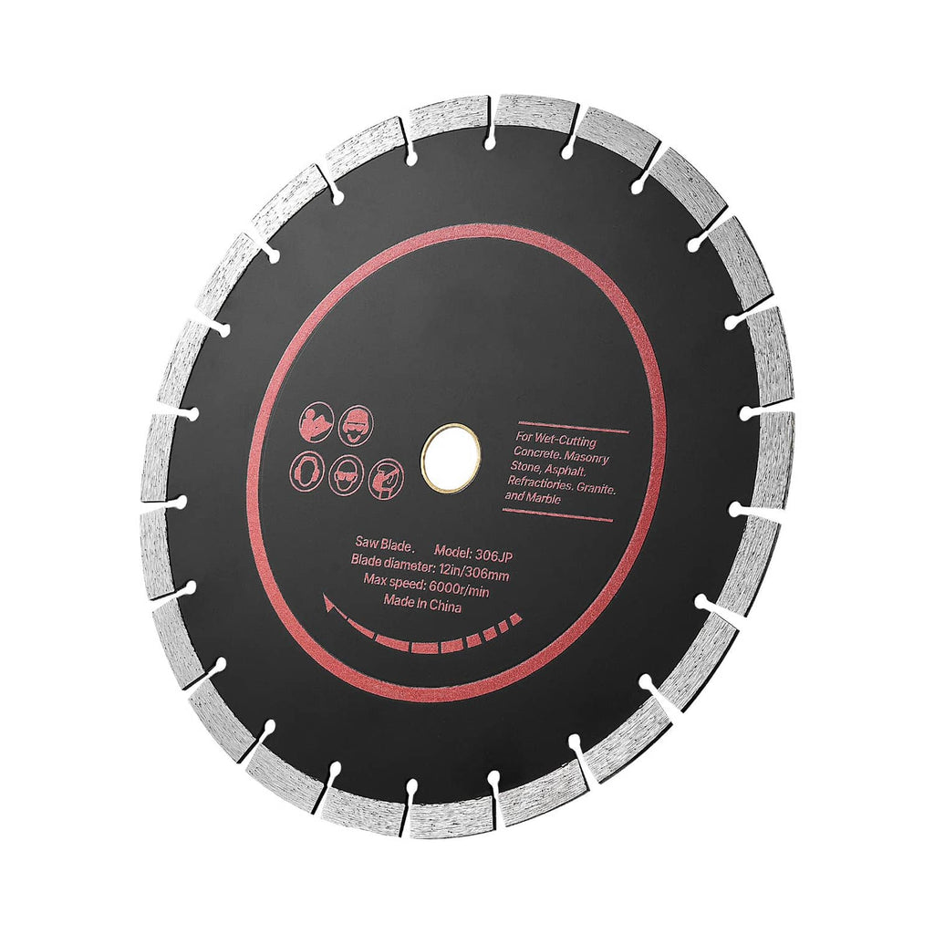 12 in diamond saw blade with red ring and silver diamond cutting segments