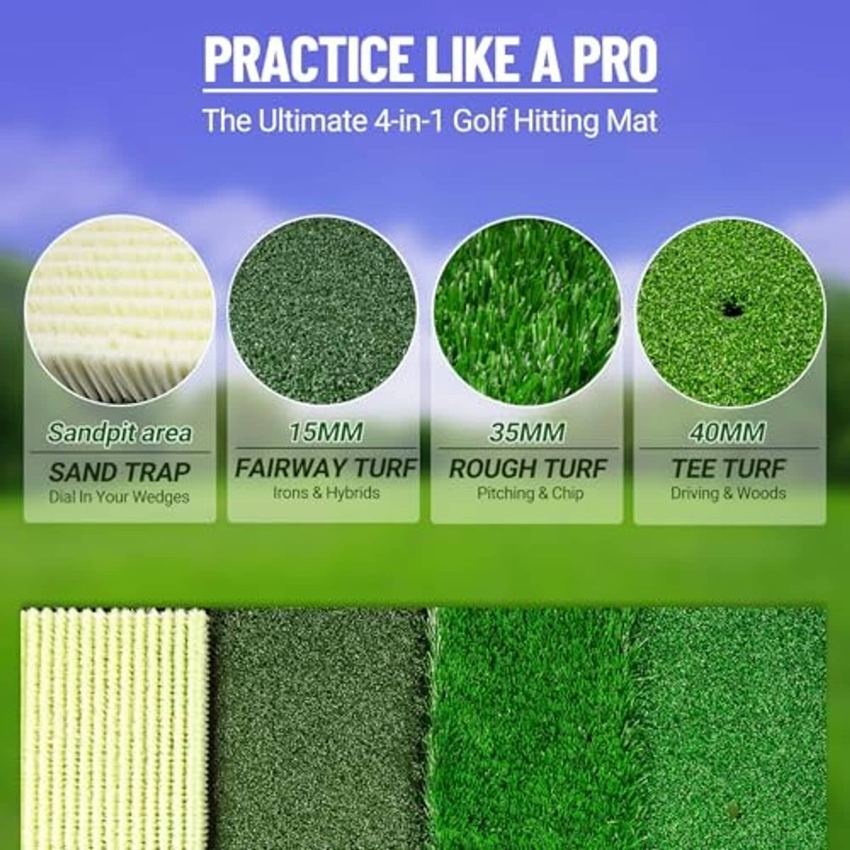 Golf hitting mat showing four turf zones with different pile lengths and colors