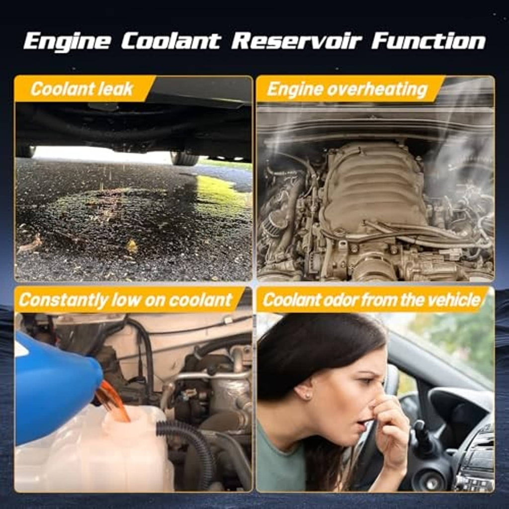 Engine coolant reservoir function infographic showing leak, overheating, low coolant, and odor