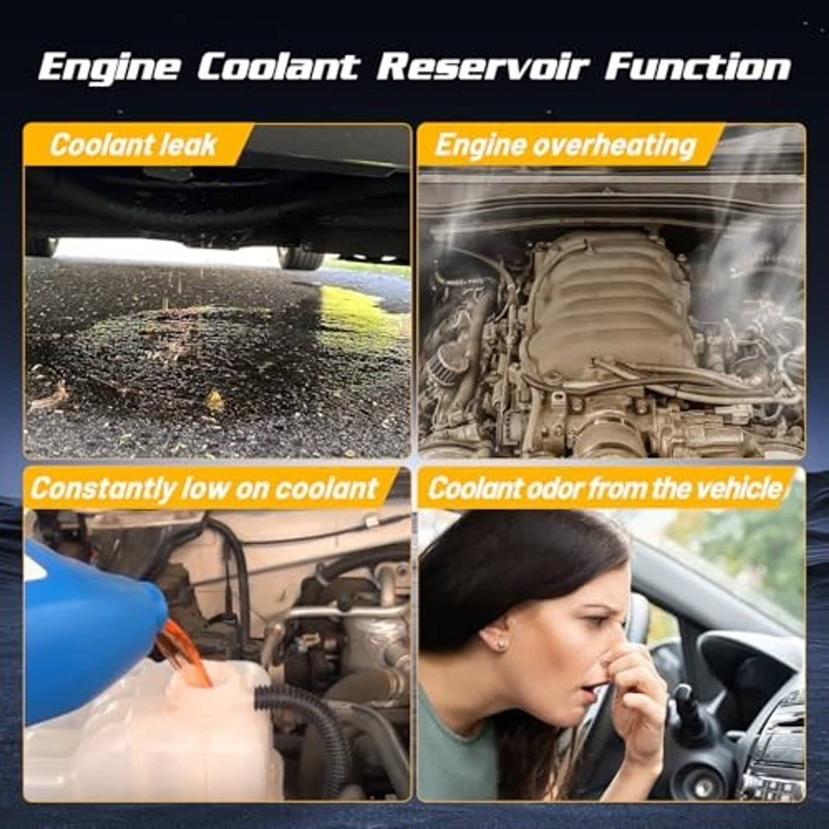 Engine coolant reservoir function infographic showing leak, overheating, low coolant, and odor