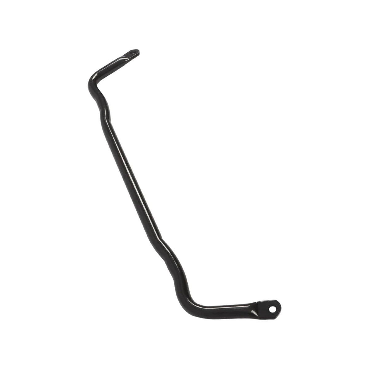 Black front stabilizer bar with bent profile and mounting tab