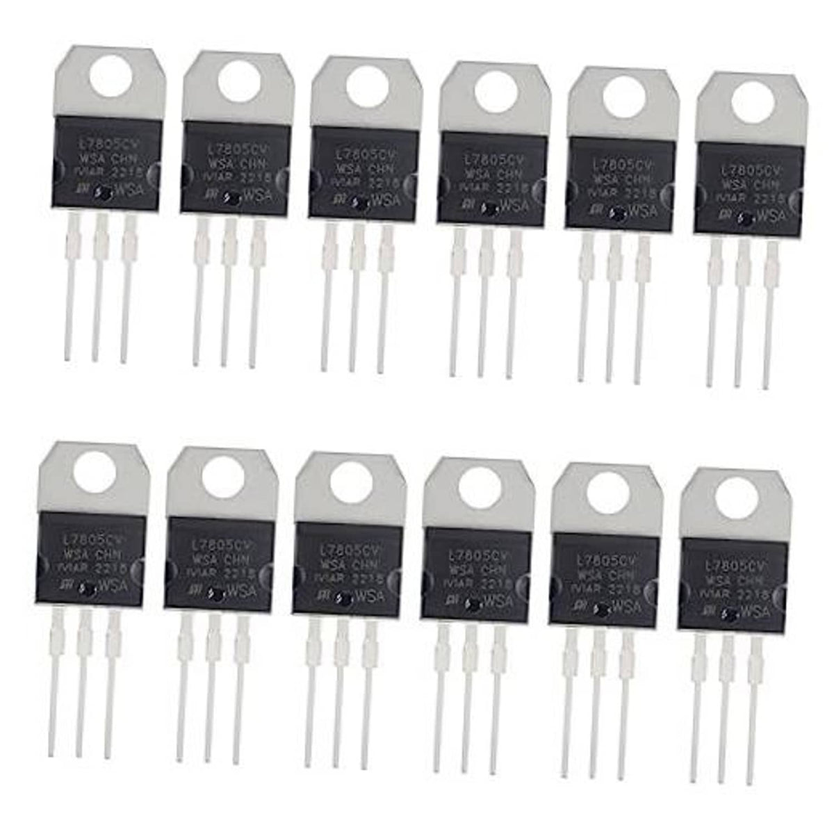 Pack of L7805CV 5V regulator ICs, metal-tab package, 3-pin leads visible