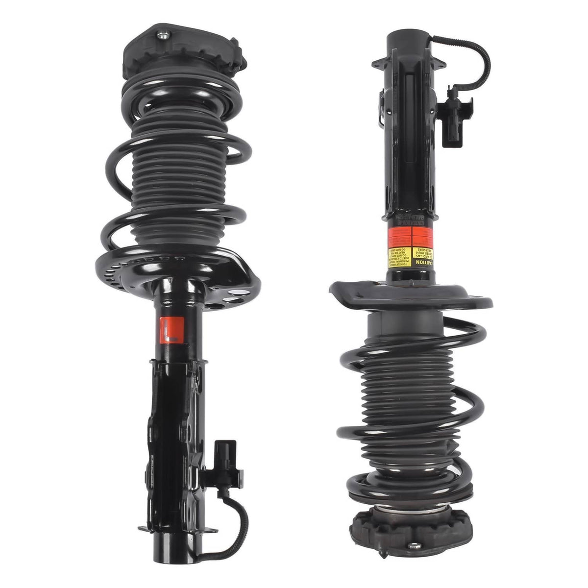 Front strut assembly pair with electronic sensor connectors, black coil springs