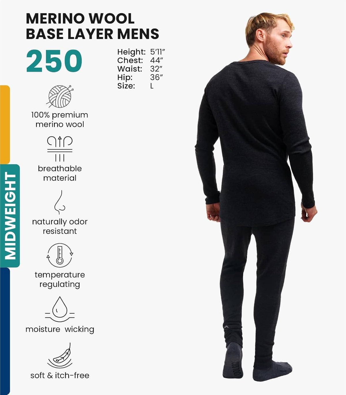 Men's dark heather long-sleeve thermal base layer set, rear view, with crew neckline