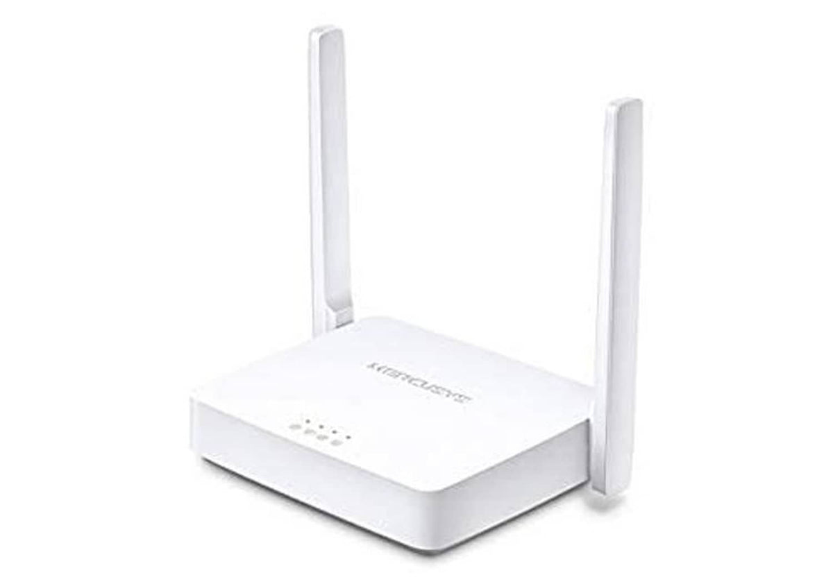 Angled view white Wi‑Fi router with two upright antennas and front panel