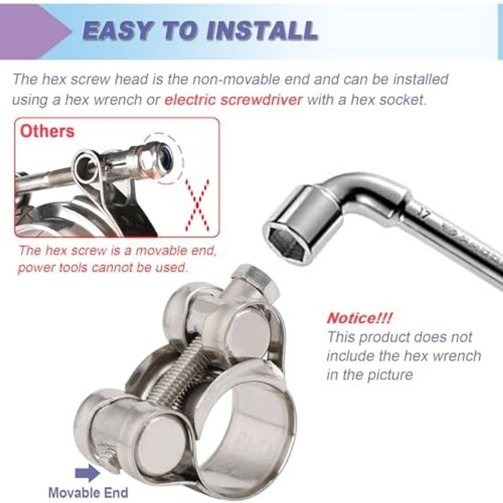 Stainless steel T-bolt hose clamp with hex screw head for installation