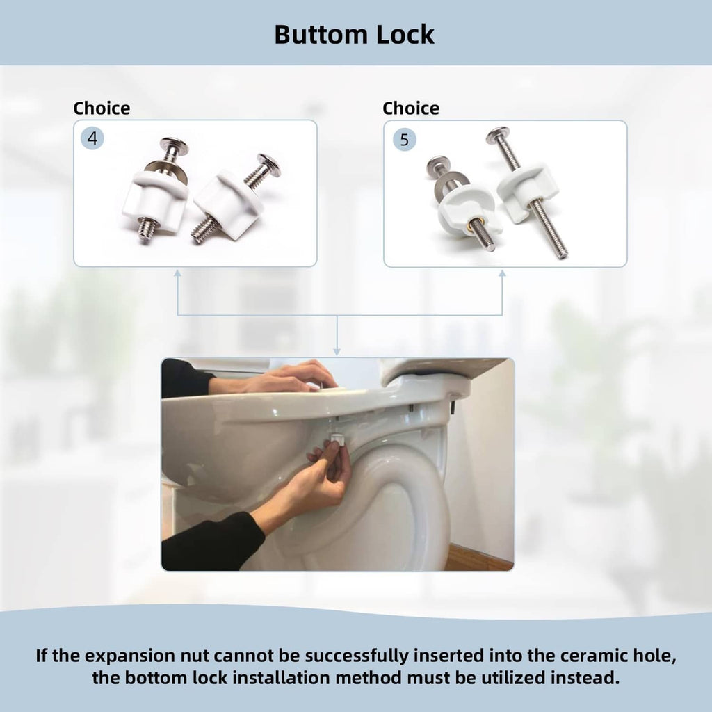 Toilet seat bolt bottom-lock installation method with white and black hardware pieces