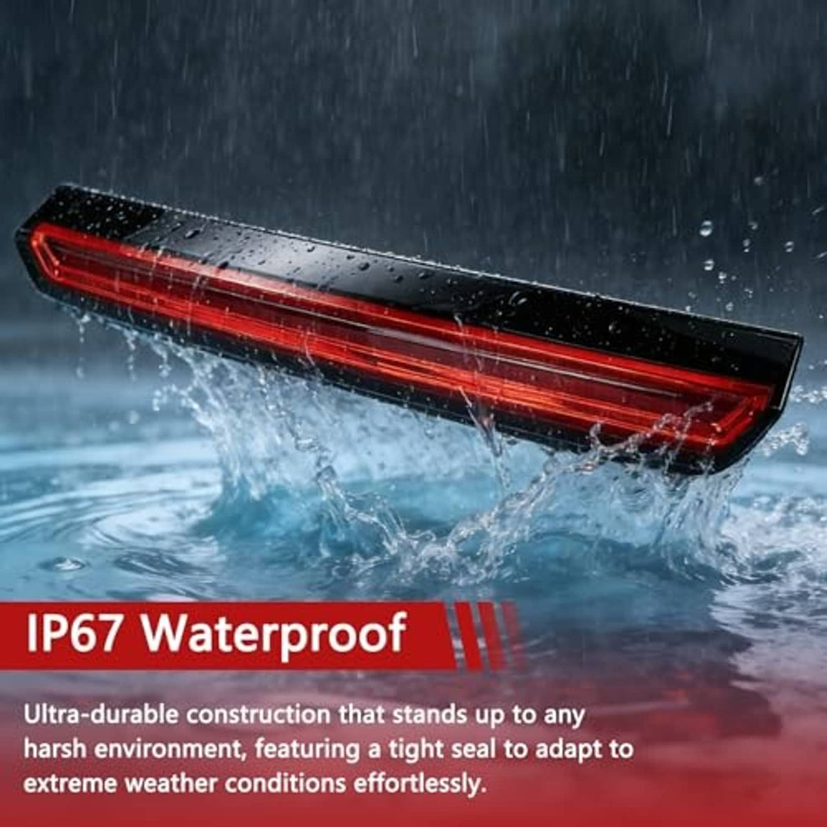 Water-resistant LED third brake light with red strip lens and black housing in rain