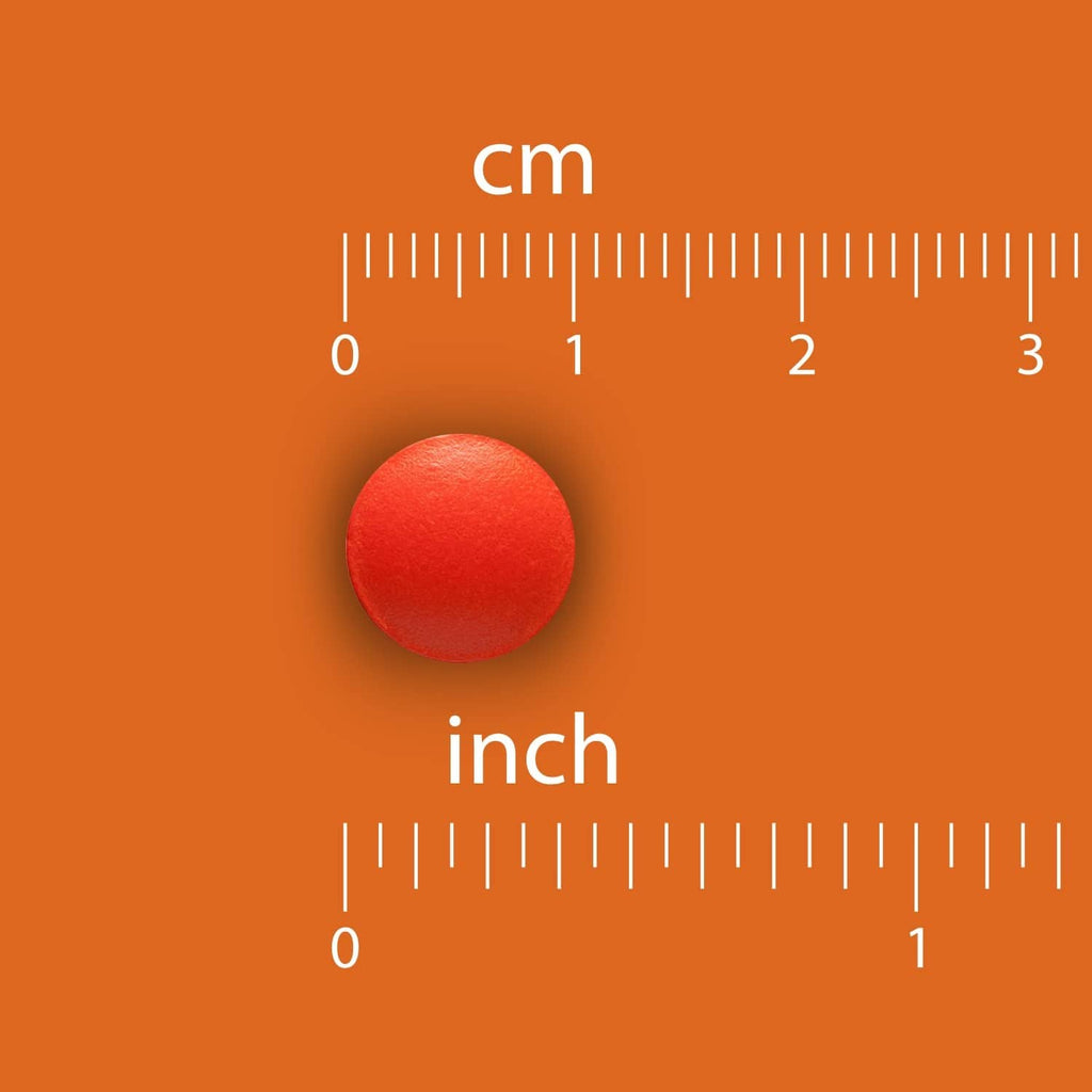 Phenylephrine tablets size chart showing one red tablet against cm and inch scale