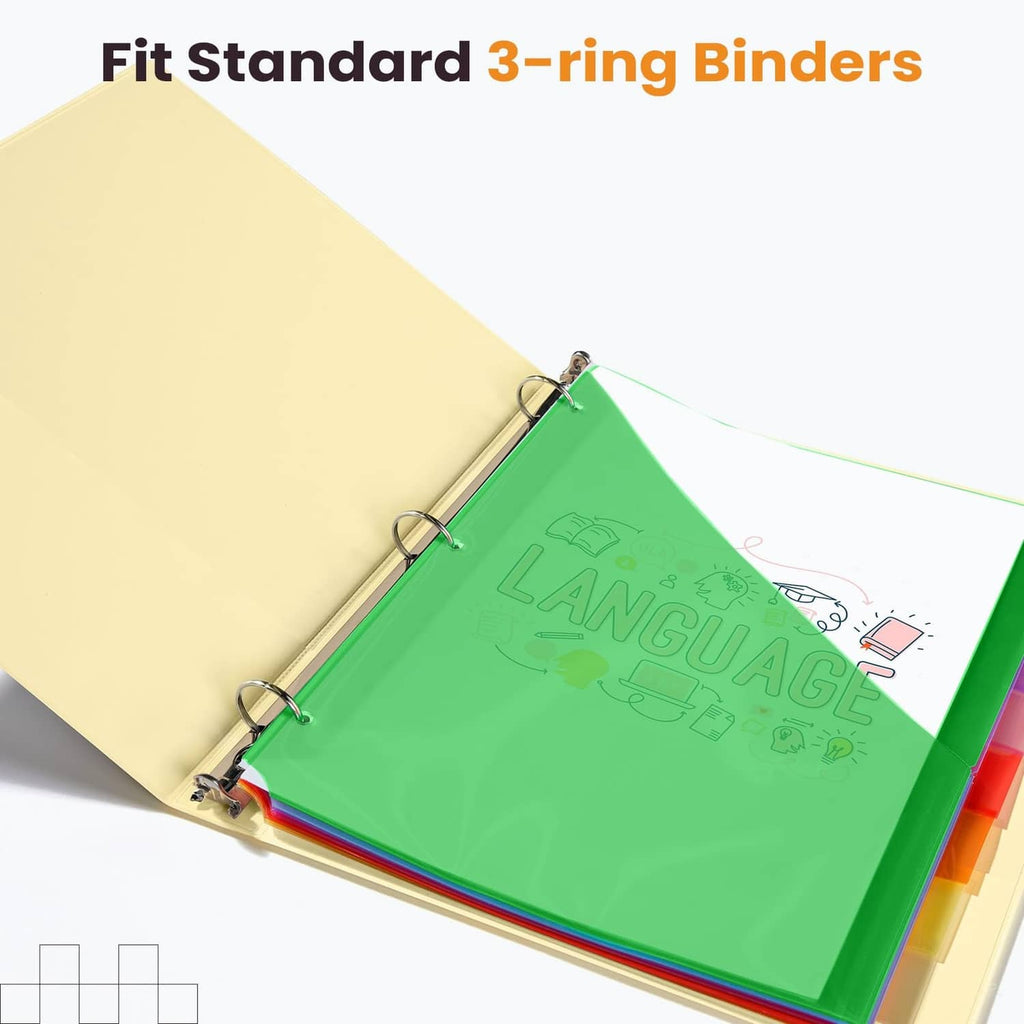 Green divider for standard 3-ring binders with metal rings and tabbed pocket insert