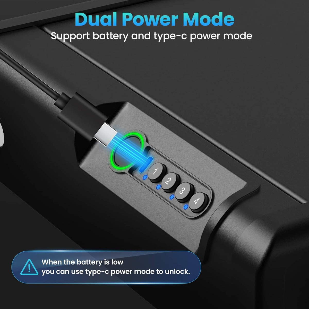 Black biometric safe control panel with keypad and side power connector