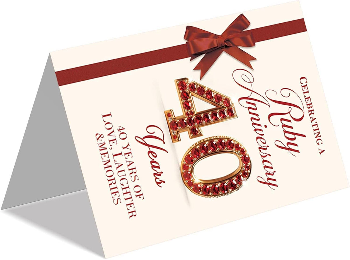 Ruby wedding anniversary card with red bow and large glitter-style 40, angled view
