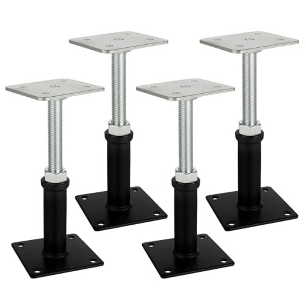 4-pack adjustable screw jacks with silver threaded rods, black bases, and feet