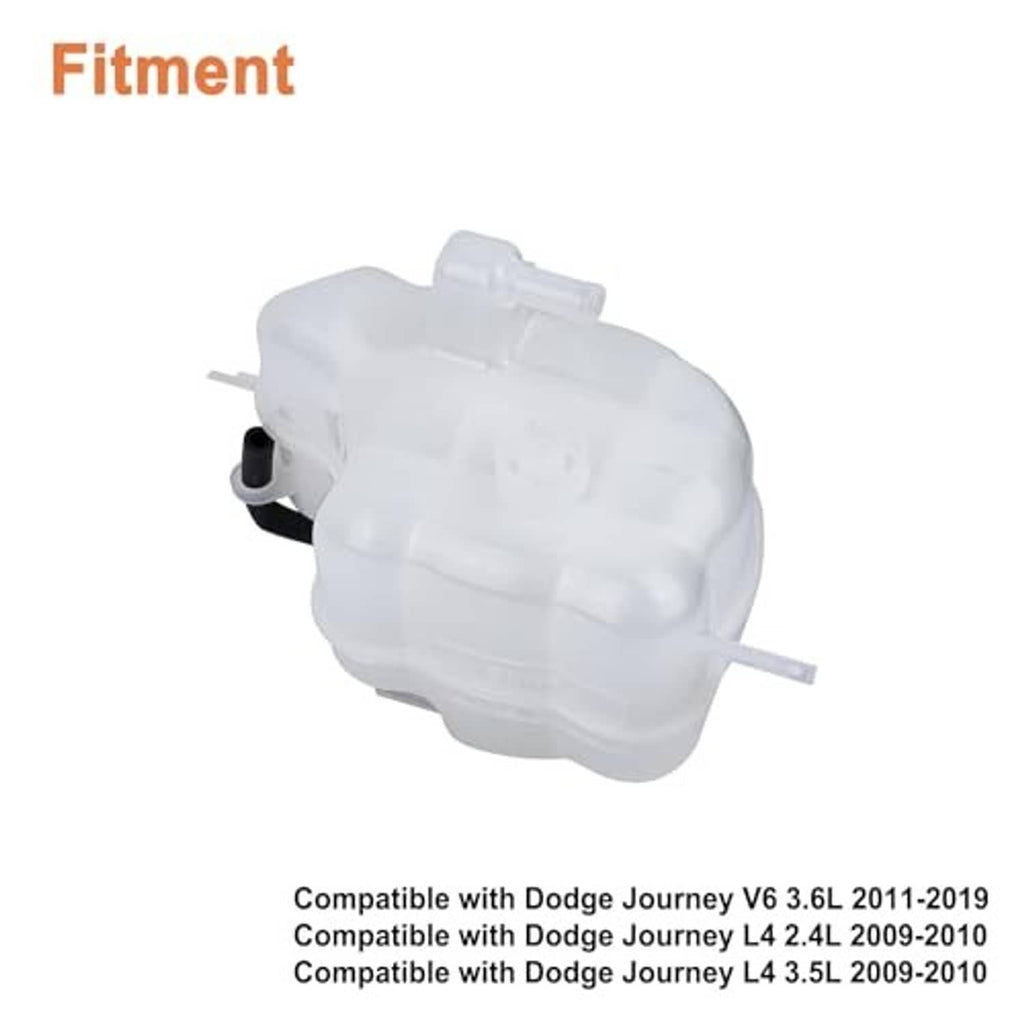 Engine coolant reservoir tank with cap, black hose outlet, white translucent container