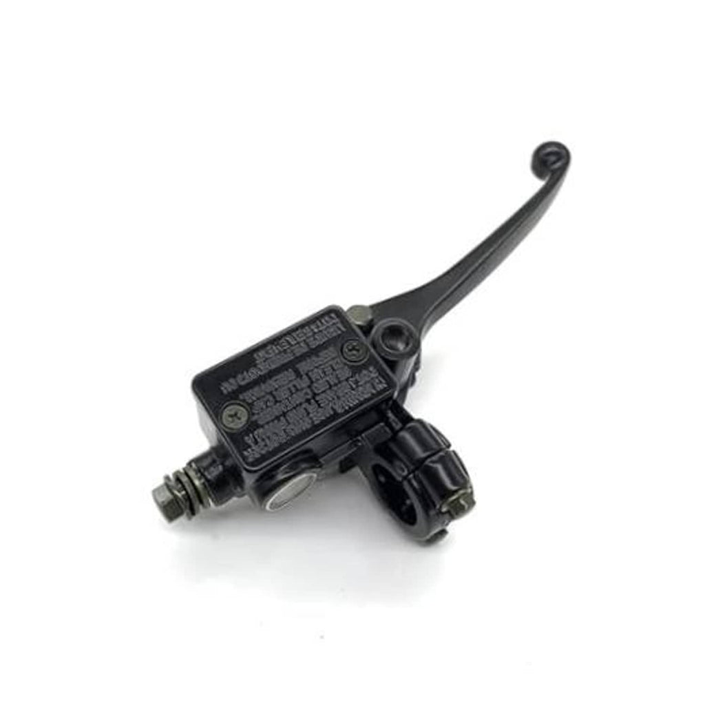 Right-hand motorcycle brake master cylinder with long black lever and mounting bracket