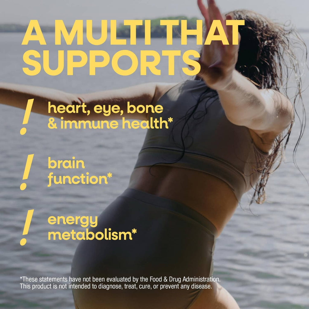 Wellness benefits graphic with text 'heart, eye, bone & immune health' and woman