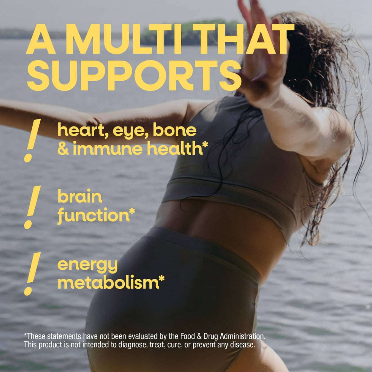 Wellness benefits graphic with text 'heart, eye, bone & immune health' and woman