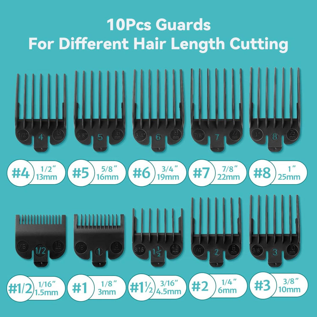 10-piece hair clipper guard set with black comb clips and turquoise guard teeth
