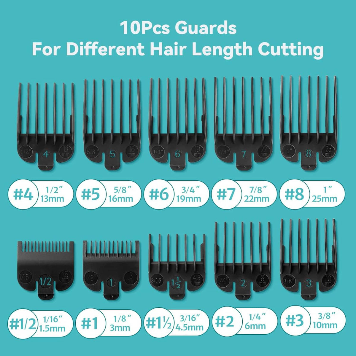 10-piece hair clipper guard set with black comb clips and turquoise guard teeth