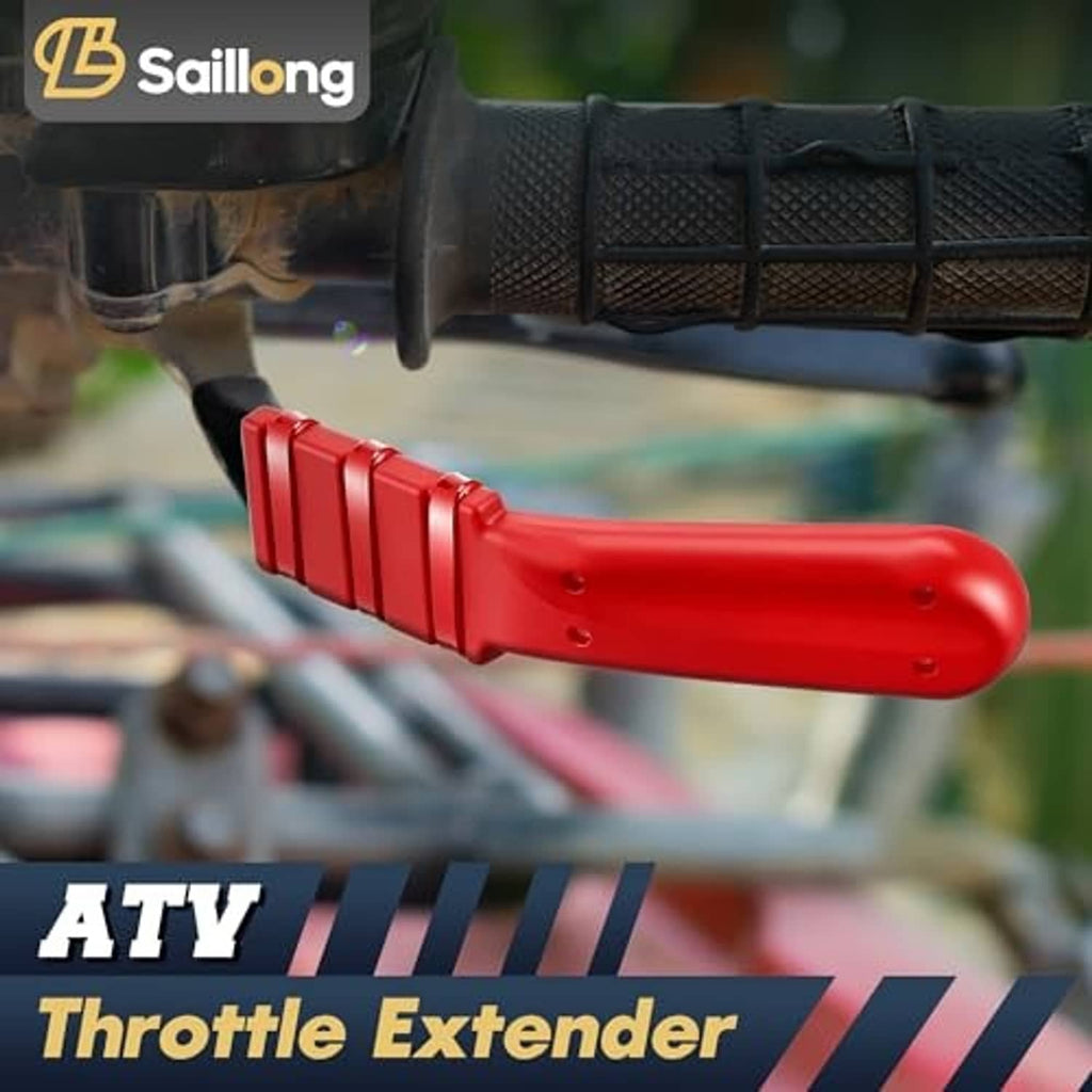 Red wrap-around thumb throttle extender with ridged section mounted on handlebar