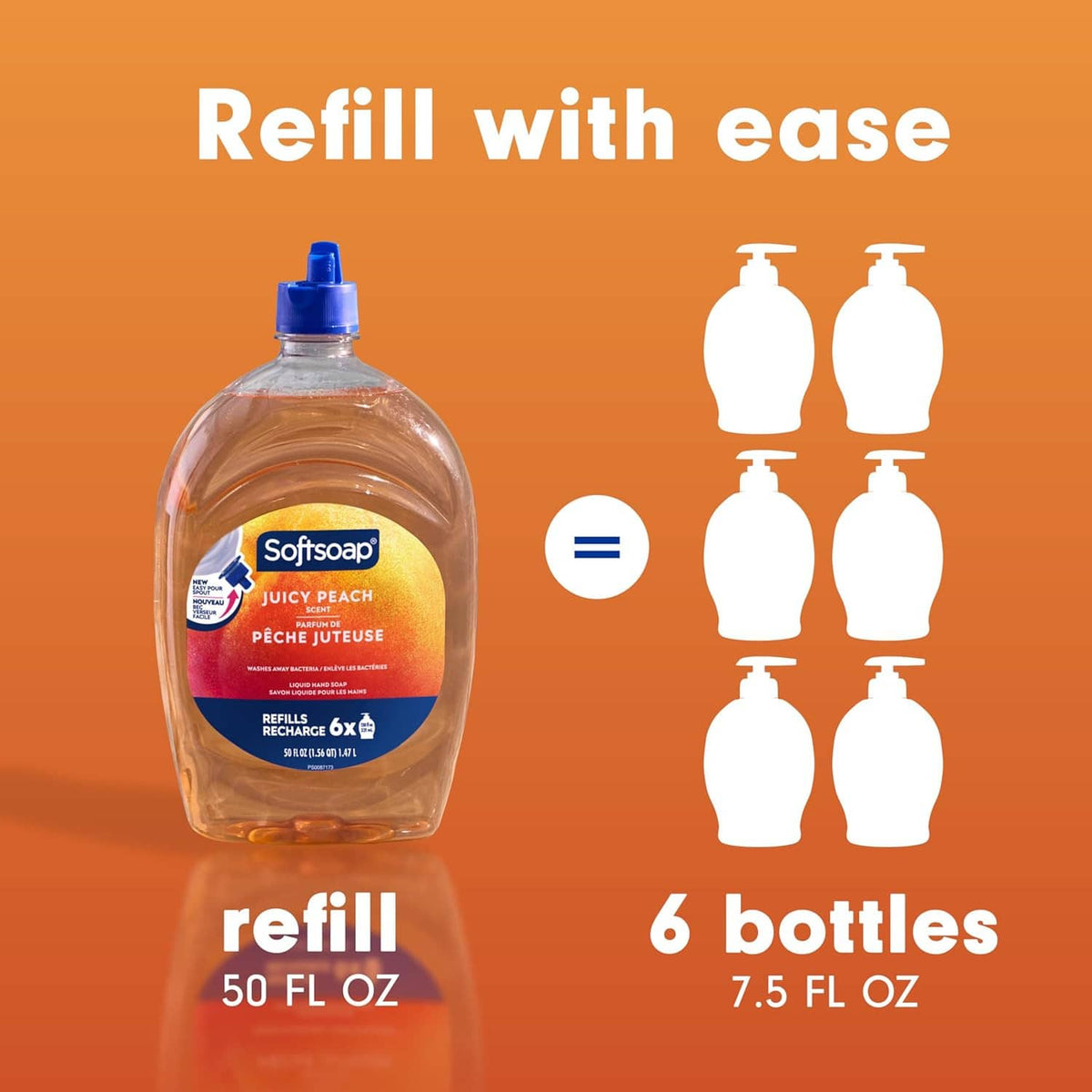 Softsoap juicy peach liquid hand soap refill showing one bottle and 6 bottle icons