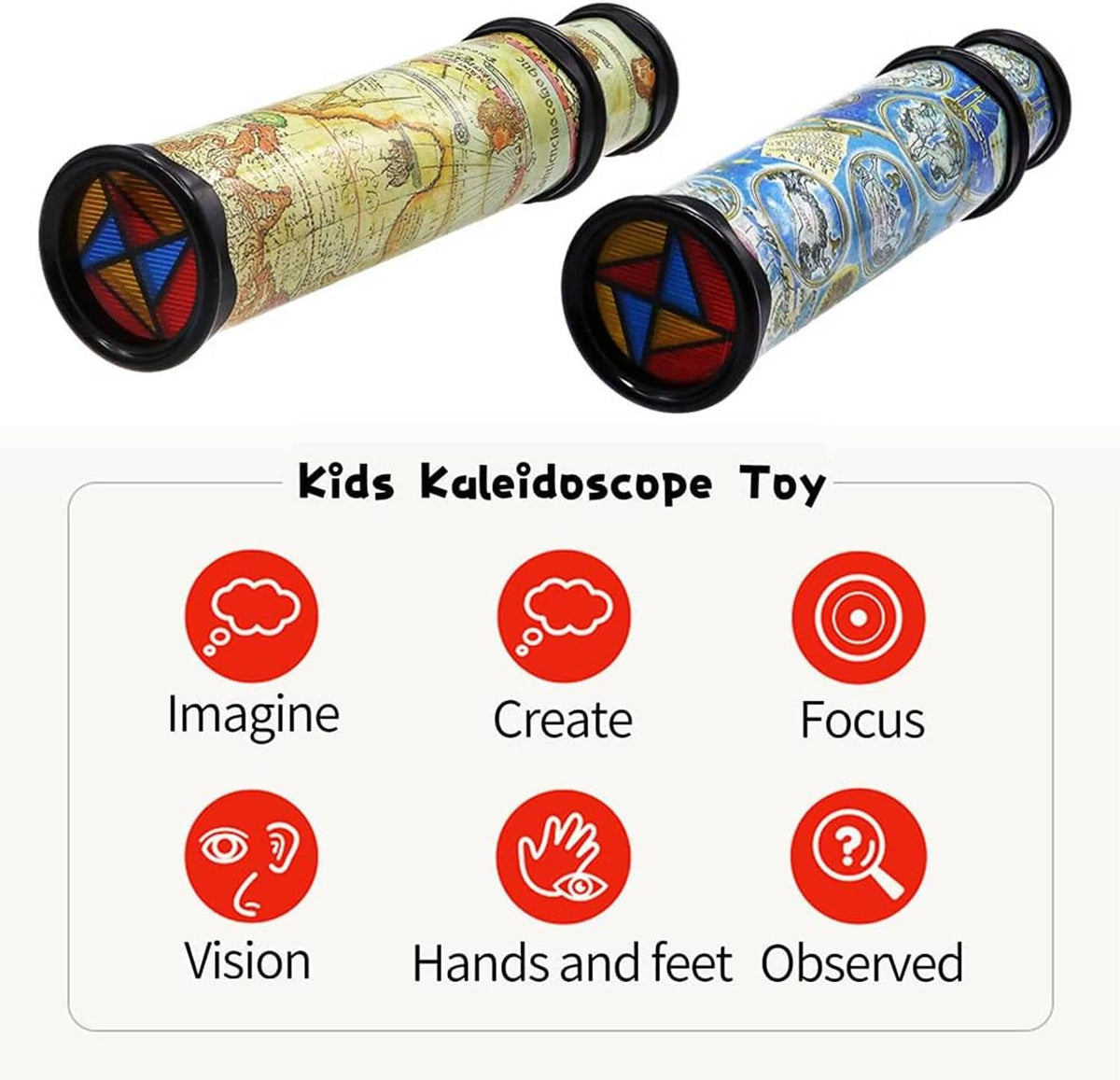 Two kaleidoscope tubes with map prints, black end rings, and red-blue lens windows