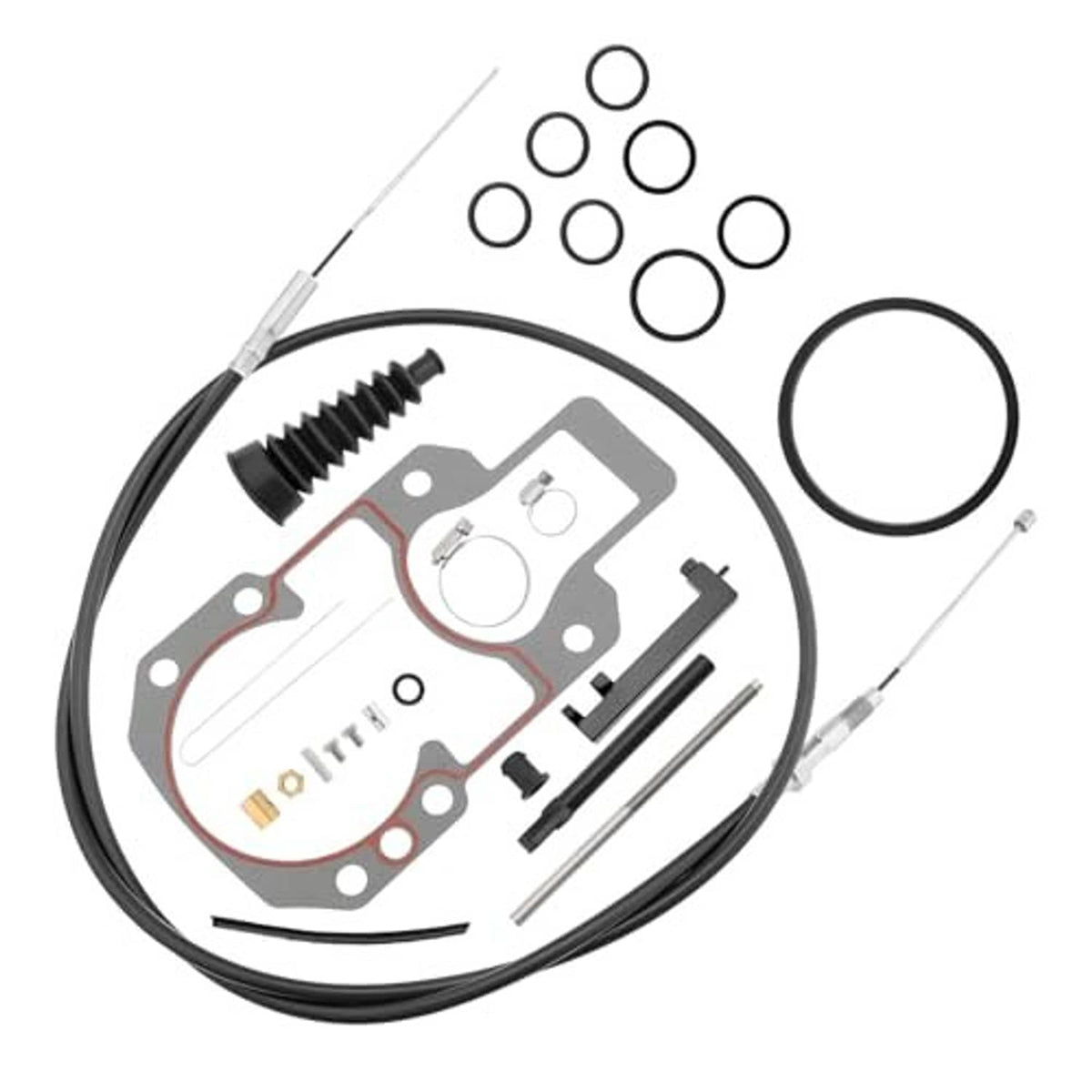 Lower shift cable kit components: black cable loop, linkage rods, mounting plate, gaskets, seals