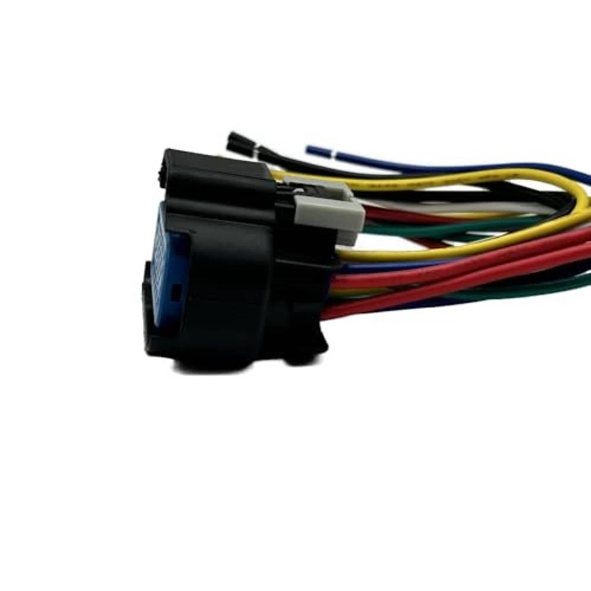 Headlight connector pigtail side view with blue socket tab and multicolor wire leads