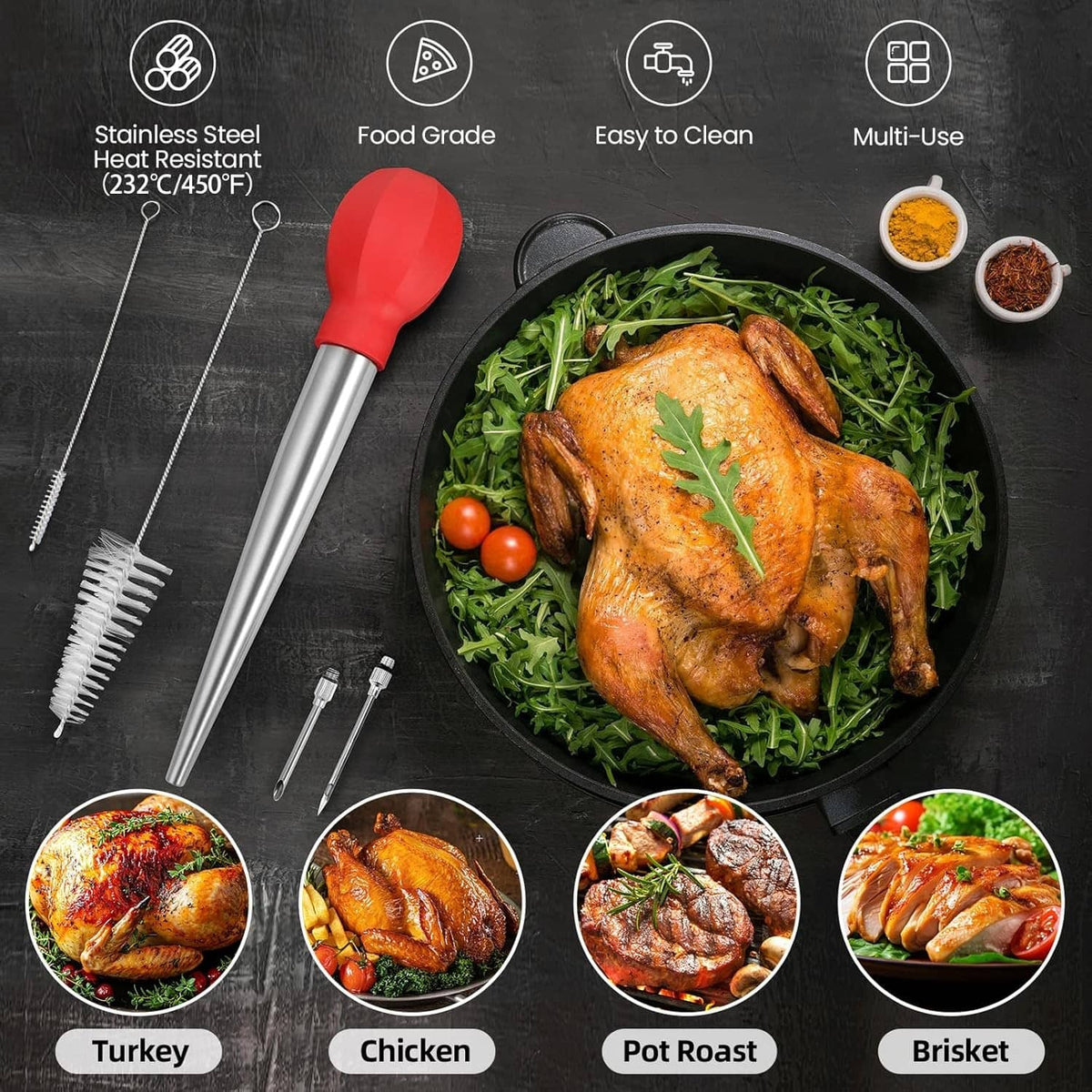 Red bulb-head turkey baster with stainless tube, cleaning brush, and needle tools