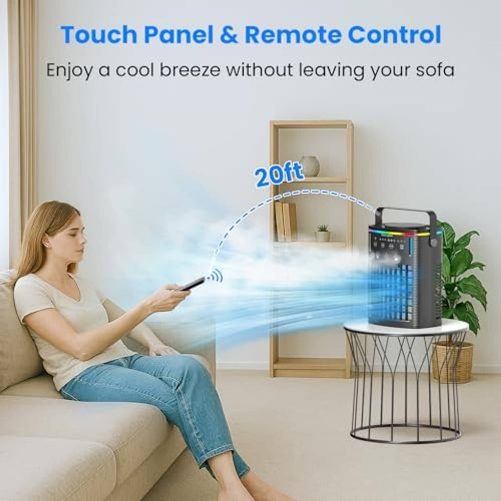 Black portable air cooler on a metal stand with remote control and top handle