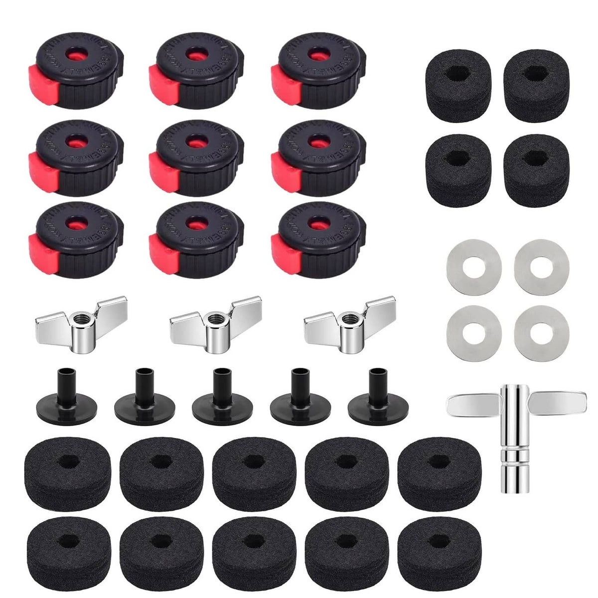 Drum cymbal felts set: black foam pads with red rings, plus wing nuts and washers