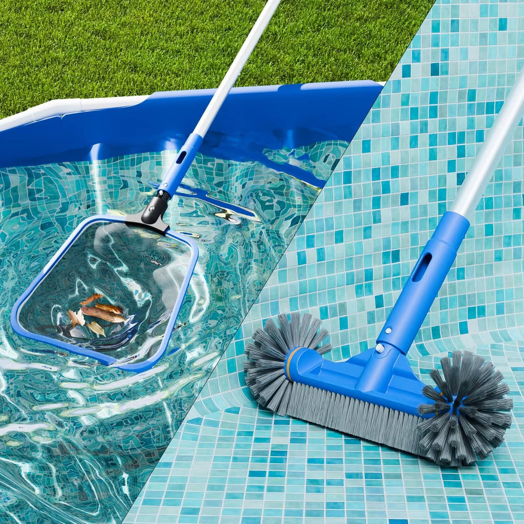 Blue pool brush head with two rotating bristle rollers on an extension pole.