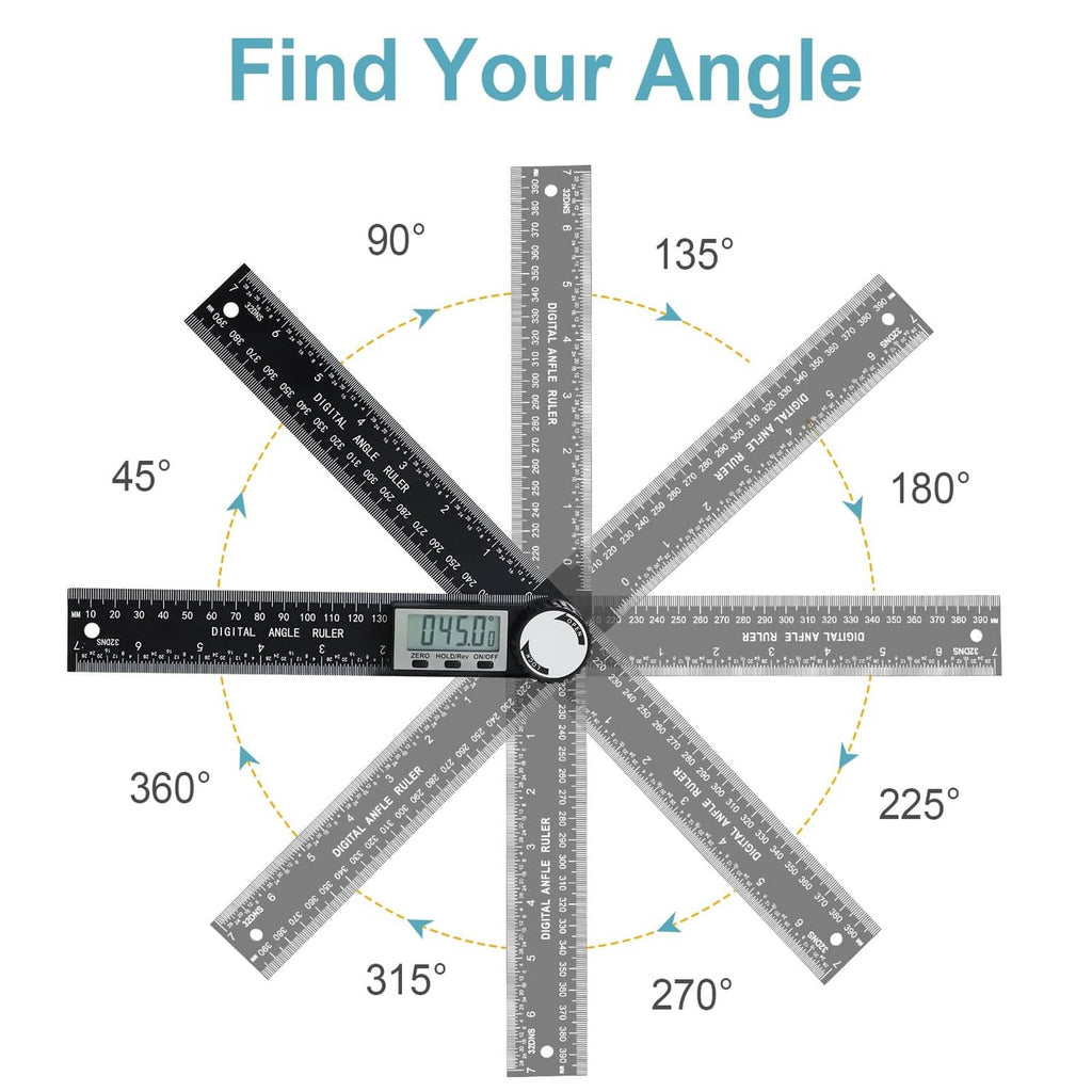 Black digital angle finder protractor ruler with degree markings and LCD angle readout