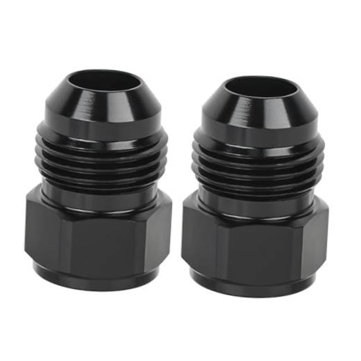 Black AN reducer/expander adapter pair with threaded male outlet and flared inlet
