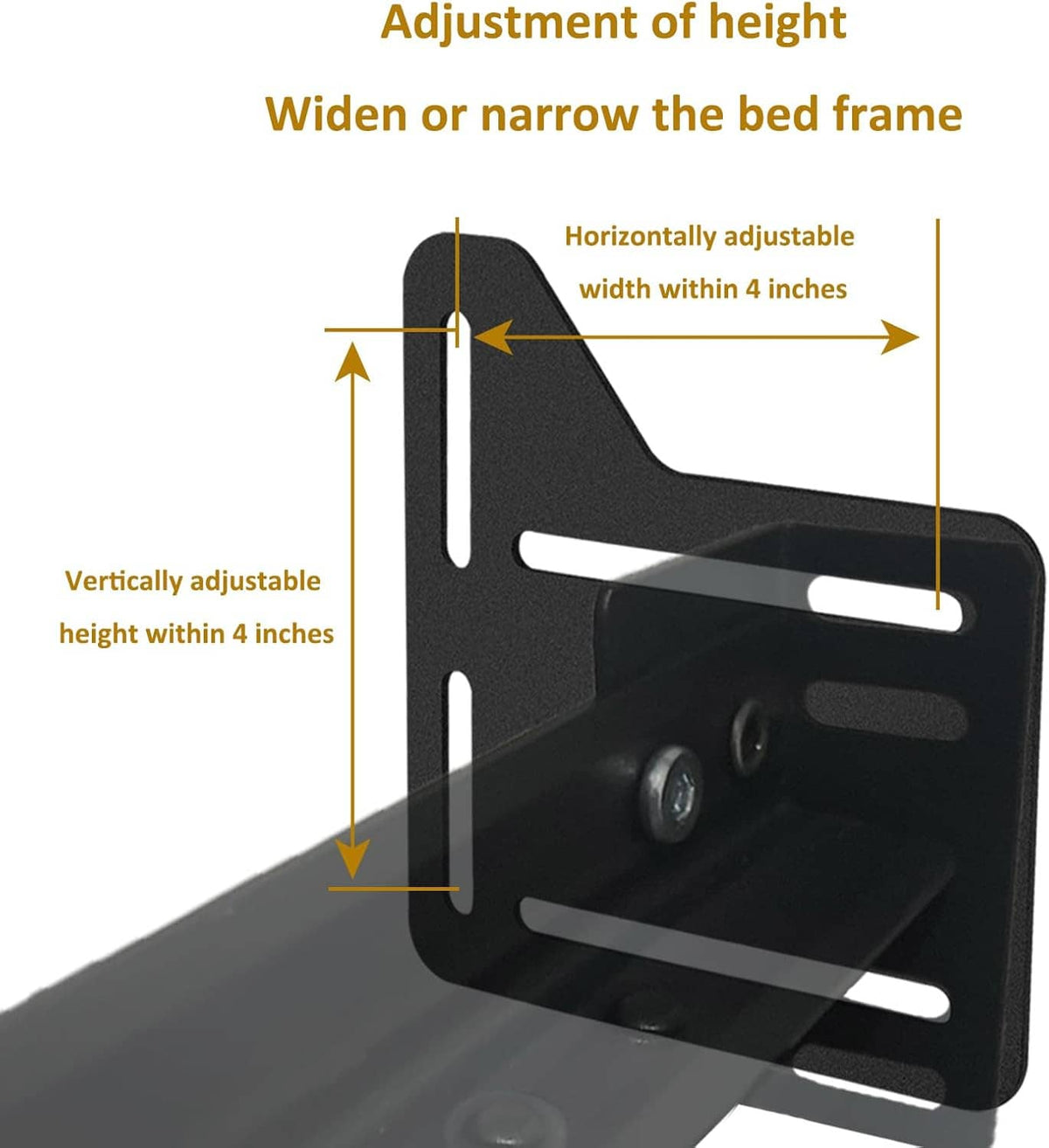 Black bed frame adapter bracket with height and width adjustability shown on mounting holes