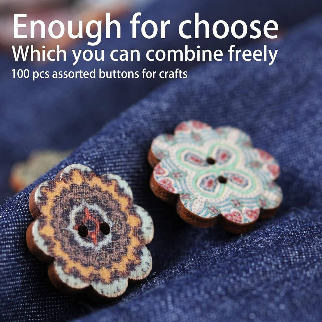 Wooden flower buttons with two holes, floral multicolor designs on denim cloth