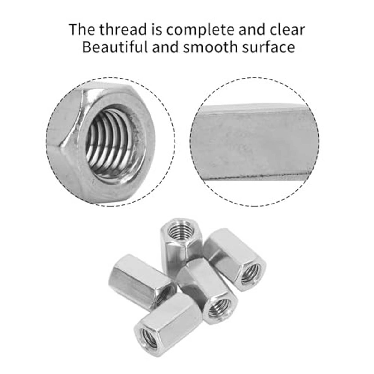 Stainless hex coupling nuts with inner threads visible and smooth polished surfaces
