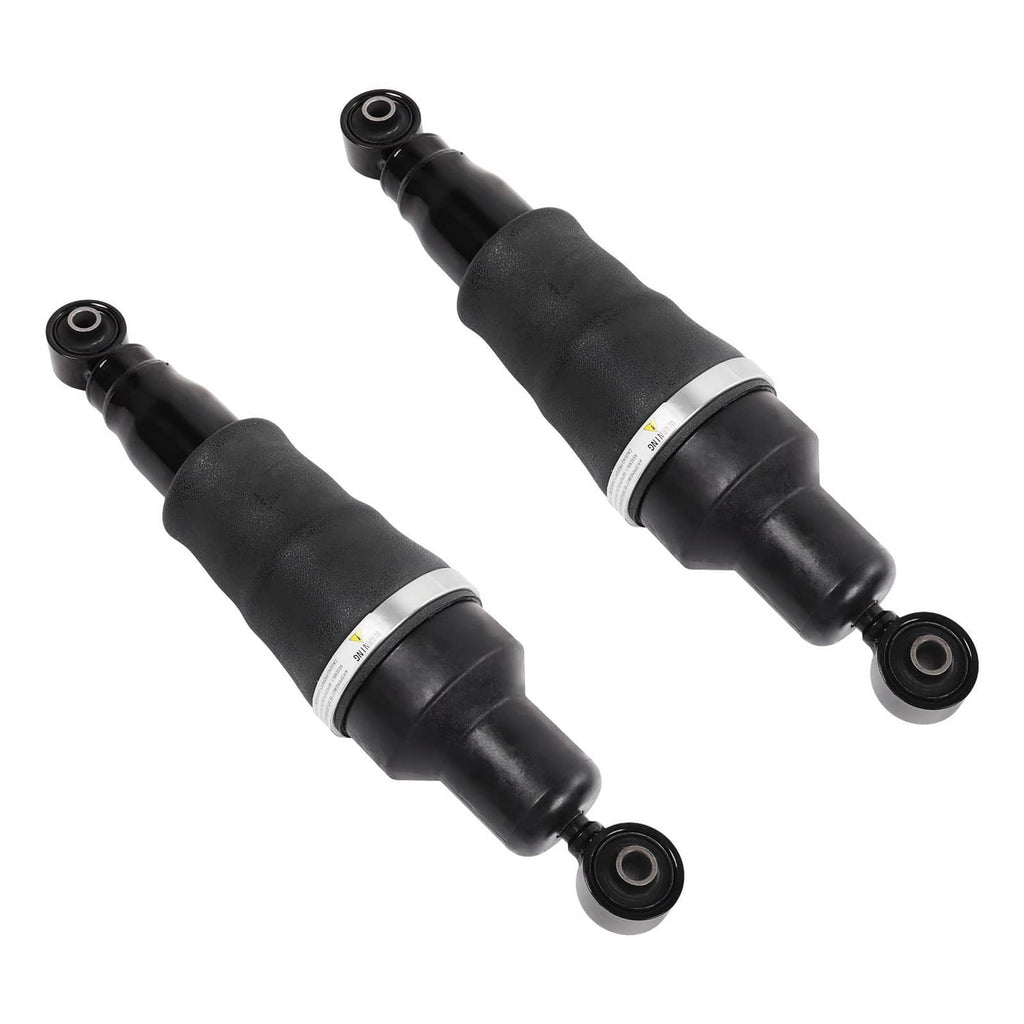 Pair of black rear air suspension shock struts with rubber air spring and bottom mounts