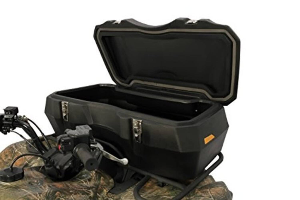 ATV front storage box open, showing black interior with metal latch locks