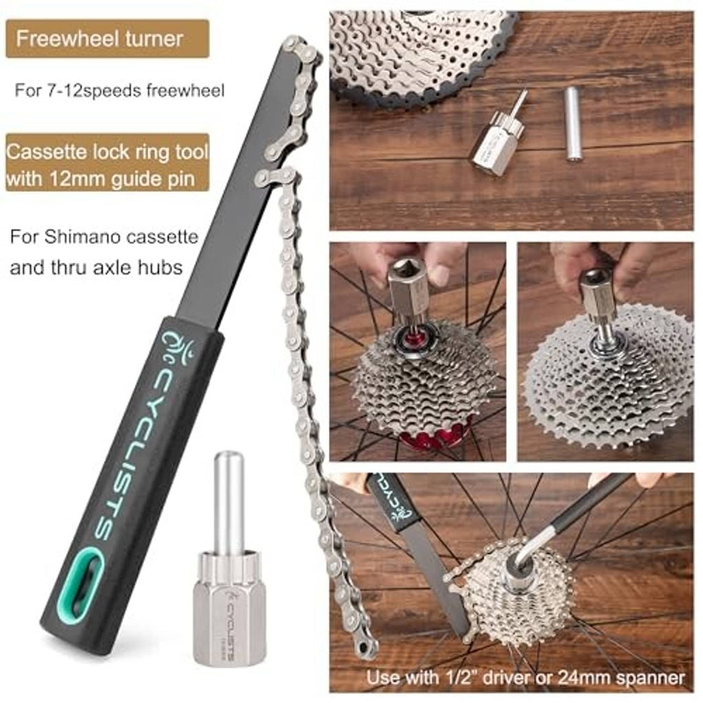 Freewheel turner and cassette lock ring tool plus hub tools for bikes