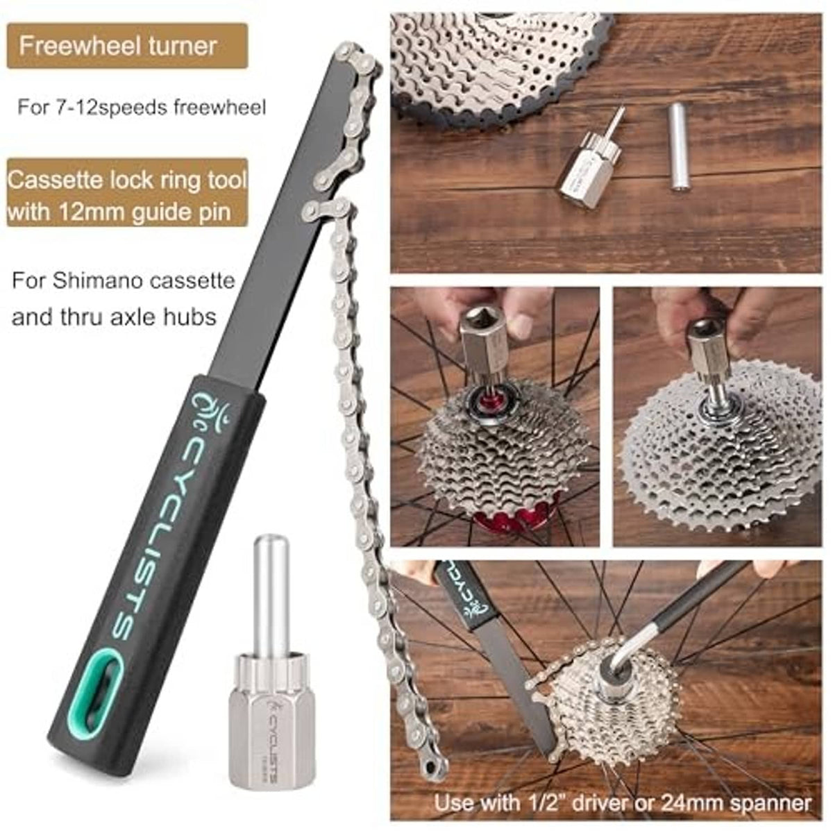 Freewheel turner and cassette lock ring tool plus hub tools for bikes